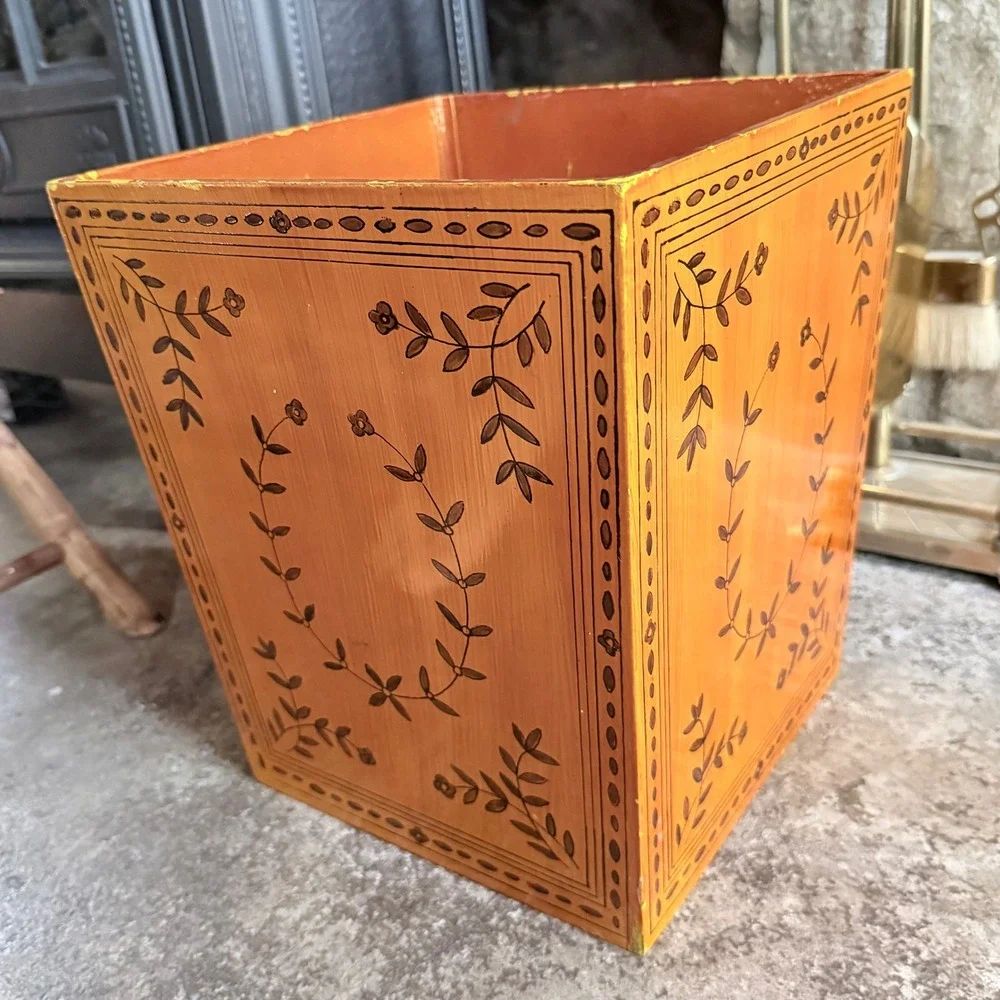 Vintage Hand Painted Wooden Wastebasket - Amber Folk Art Leaf Vine Trash Can